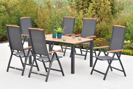 MX Gartenmöbel Set 7tlg. Siena Klappsessel verstellbar Graphit/Grau Akazienholz Alu Tisch 150x90cm