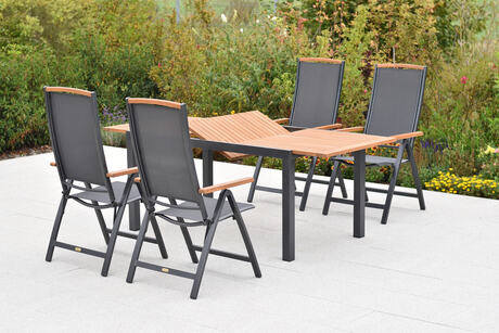 MX Gartenmöbel Set 5tlg. Siena Klappsessel verstellbar Graphit/Grau Akazienholz Alu Ausziehtisch 150/200x90cm