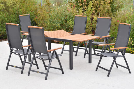 MX Gartenmöbel Set 7tlg. Siena Klappsessel verstellbar Graphit/Grau Akazienholz Alu Ausziehtisch 150/200x90cm