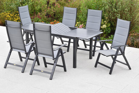 MX Gartenmöbel Set 7tlg. Florenz Klappsessel Graphit/grau Ausziehtisch 150/200x90cm