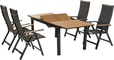 MX Gartenmöbel Verona 5tlg. Klappsessel verstellbar Gaphit/Grau/Natur Holzoptik Ausziehtisch 150/200x90cm