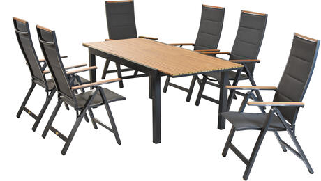 Merxx Gartenmöbel Verona 7tlg. Klappsessel verstellbar Gaphit/Grau/Natur Holzoptik Ausziehtisch 150/200x90cm