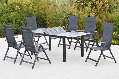 MX Gartenmöbel Set 7tlg. Taviano Klappsessel verstellbar Graphit/Grau Alu Ausziehtisch 150/200x90cm