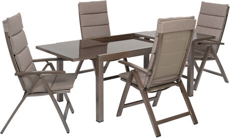MX Gartenmöbel Tinetto Set 9tlg. Klappsessel gepolstert Auflagen Braun/Taupe Ausziehtisch 150/220x90cm