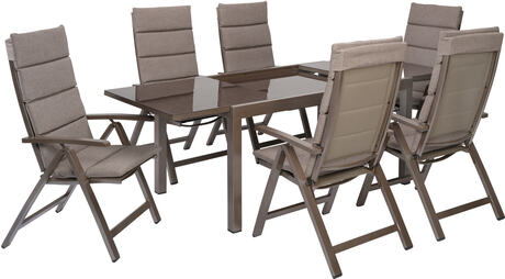MX Gartenmöbel Tinetto Set 13tlg. Klappsessel gepolstert Auflagen Braun/Taupe Ausziehtisch 150/220x90cm