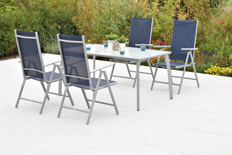 MX Gartenmöbel Amalfi Set 5tlg. Klappsessel verstellbar Silber/Marineblau Tisch 150x90cm