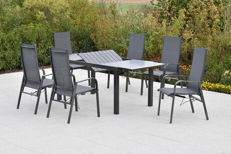 MX Gartenmöbel Alassio Set 7tlg. Gasdruck verstellbar Graphit/Grau Ausziehtisch 150/200x90 cm