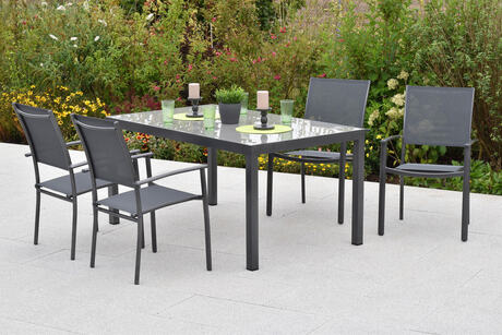 MX Gartenmöbel Milano Set 5tlg. Stapelsessel Aluminium Graphit/Grau Tisch 150x90cm