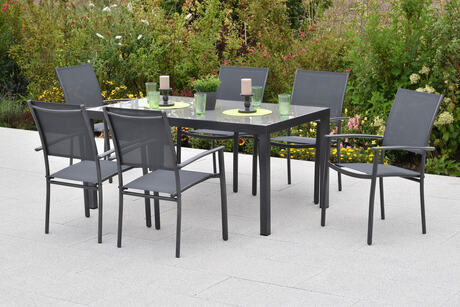 MX Gartenmöbel Milano Set 7tlg. Stapelsessel Aluminium Graphit/Grau Tisch 150x90cm