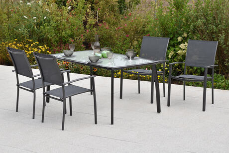 MX Gartenmöbel Milano Set 5tlg. Stapelsessel Aluminium Graphit/Grau Tisch 150x90cm