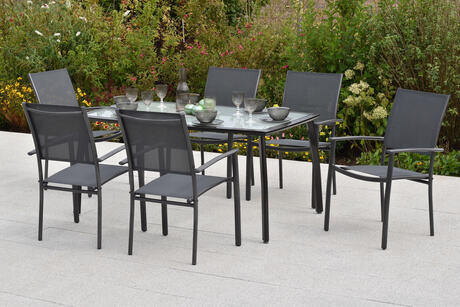 MX Gartenmöbel Milano Set 7tlg. Stapelsessel Aluminium Graphit/Grau Tisch 150x90cm