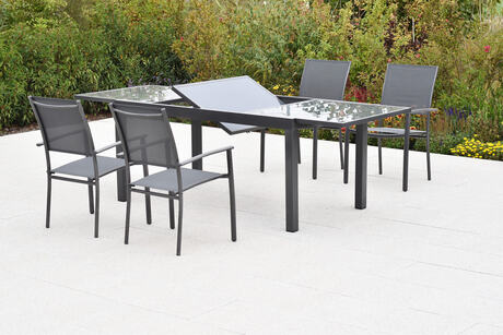 MX Gartenmöbel Milano Set 5tlg. Stapelsessel Aluminium Graphit/Grau Ausziehtisch 150/210x90cm