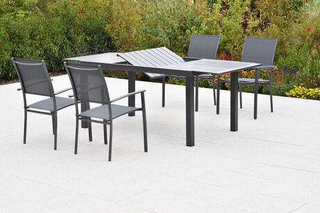 MX Gartenmöbel Milano Set 5tlg. Stapelsessel Aluminium Graphit/Grau Ausziehtisch 150/200x90cm