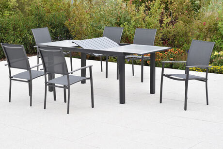 MX Gartenmöbel Milano Set 7tlg. Stapelsessel Aluminium Graphit/Grau Ausziehtisch 150/200x90cm