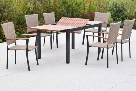 MX Gartenmöbel Teramo Set 7tlg. Stapelsessel Aluminium Graphit/Natur Ausziehtisch 150/200x90cm