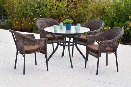 MX Gartenmöbel Ravenna Set 9tlg. Stapelsessel Kunststoffgeflecht Sitzkissen Graphit/Braun Tisch Ø 100cm
