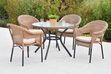 MX Gartenmöbel Ravenna Set 9tlg. Stapelsessel Kunststoffgeflecht Sitzkissen Graphit/Natur Tisch Ø 100cm