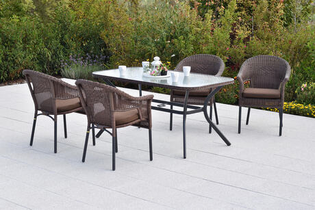 MX Gartenmöbel Ravenna Set 9tlg. Stapelsessel Kunststoffgeflecht Sitzkissen Graphit/Braun Tisch 150x85cm