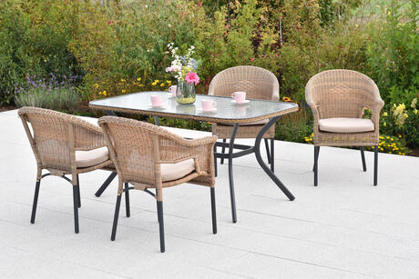 MX Gartenmöbel Ravenna Set 9tlg. Stapelsessel Kunststoffgeflecht Sitzkissen Graphit/Natur Tisch 150x85cm