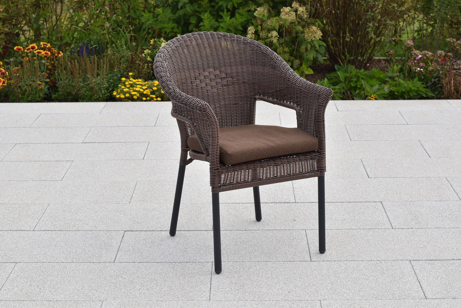 MX Gartenmöbel Ravenna Set 13tlg. Stapelsessel Kunststoffgeflecht Sitzkissen Graphit/Schokobraun Tisch 150x85cm MX Gartenmöbel Ravenna Set 13tlg. Stapelsessel Kunststoffgeflecht Sitzkissen Graphit/Schokobraun Tisch 150x85cm