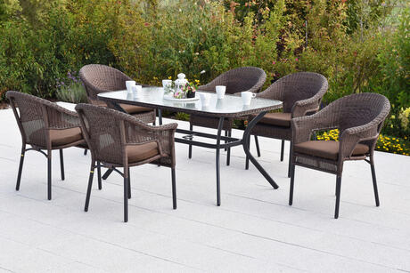 MX Gartenmöbel Ravenna Set 13tlg. Stapelsessel Kunststoffgeflecht Sitzkissen Graphit/Schokobraun Tisch 150x85cm