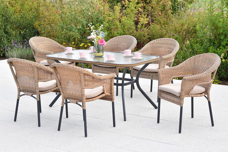 MX Gartenmöbel Ravenna Set 13tlg. Stapelsessel Kunststoffgeflecht Sitzkissen Graphit/Natur Tisch 150x85cm