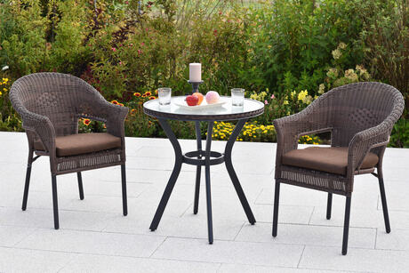 MX Gartenmöbel Ravenna Set 5tlg. Stapelsessel Kunststoffgeflecht Sitzkissen Graphit/Schokobraun Tisch Ø 70cm