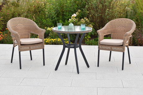 MX Gartenmöbel Ravenna Set 5tlg. Stapelsessel Kunststoffgeflecht Sitzkissen Graphit/Natur Tisch Ø 70cm