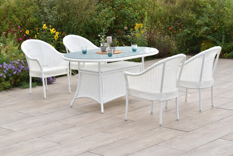 MX Gartenmöbel Bamberg Set 5tlg. Stapelsessel Kunststoffgeflecht weiß Tisch 150x97 cm