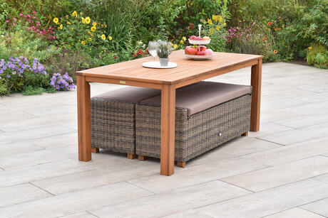 MX Gartenmöbel Set 5tlg. Toskana Bänke Kunststoffgeflecht Sitzauflage Akazienholz Tisch 185x90cm