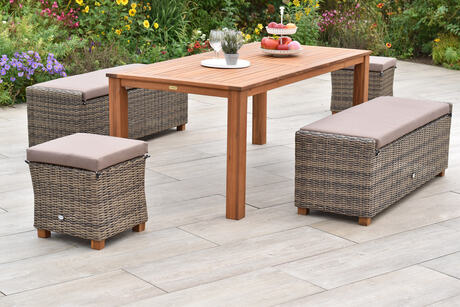 MX Gartenmöbel Set 9tlg. Toskana Bänke Hocker Kunststoffgeflecht Sitzauflage Akazienholz Tisch 185x90cm