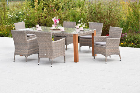 MX Gartenmöbel Teneriffa Set 13tlg. Sessel Sitzkissen Kunststoffgeflecht Akazienholz Tisch 200x100cm