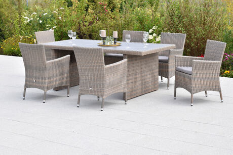 MX Gartenmöbel Teneriffa Set 13tlg. Sessel Sitzkissen Kunststoffgeflecht Glasplatte Tisch 200x100cm