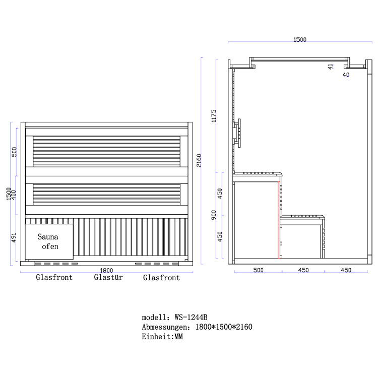EOSPA Sauna E1244B rote Zeder 180x150 9kW Kivi EOSPA Sauna E1244B rote Zeder 180x150 9kW Kivi