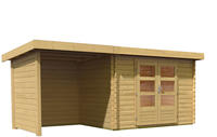 Karibu Woodfeeling Bastrup 3 Blockbohlenhaus 28 mm mit 200 cm Schleppdach mit Rückwand und Seitenwand