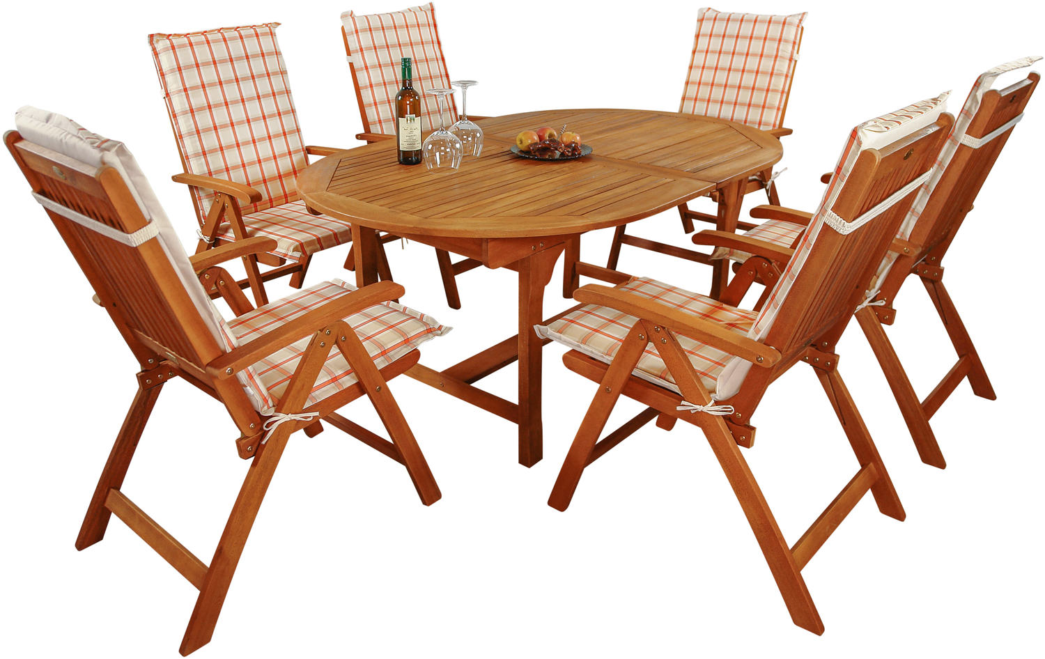 IN Gartenmöbel Set Bali 13-teilig Auflagen Karo Orange Eukalyptus IN Gartenmöbel Set Bali 13-teilig Auflagen Karo Orange Eukalyptus